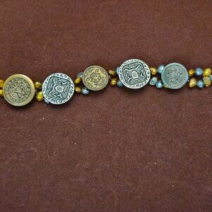 Artisan Button Beaded Bracelet 7” Mixed Metal Gold Silver Tone Earth Tone Beads